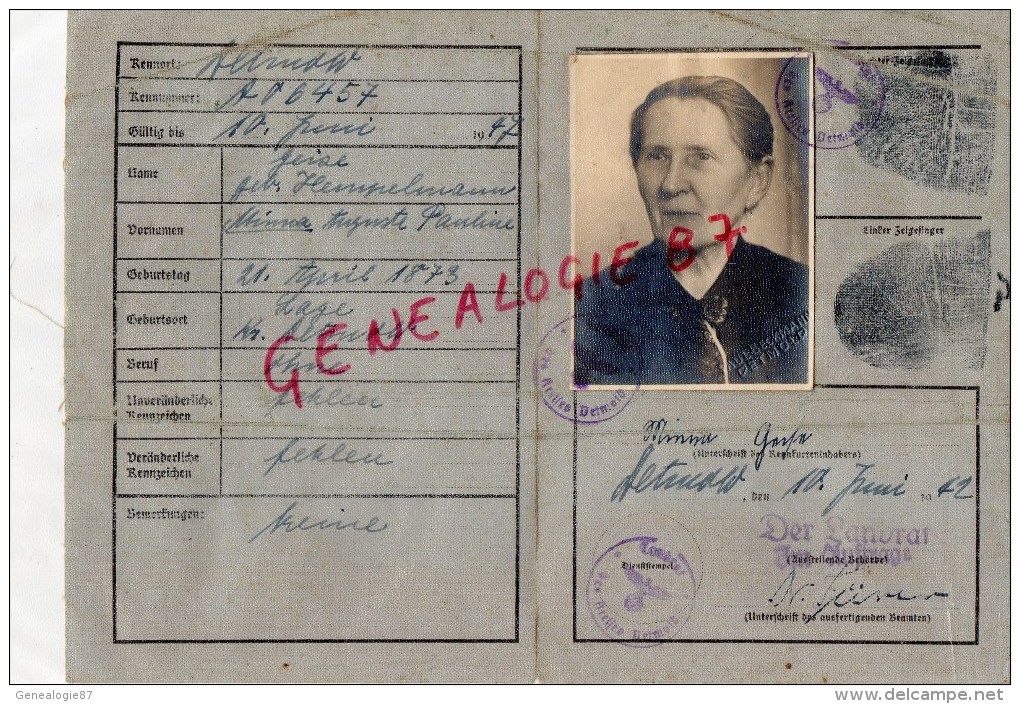 Documents Historiques - GUERRE 1939-1945- WW2- DEUTSCHES REICH-NAZI-CROIX GAMMEE- KENNKARTE-PHOTO PAUL BECKMANN- DETMOLD