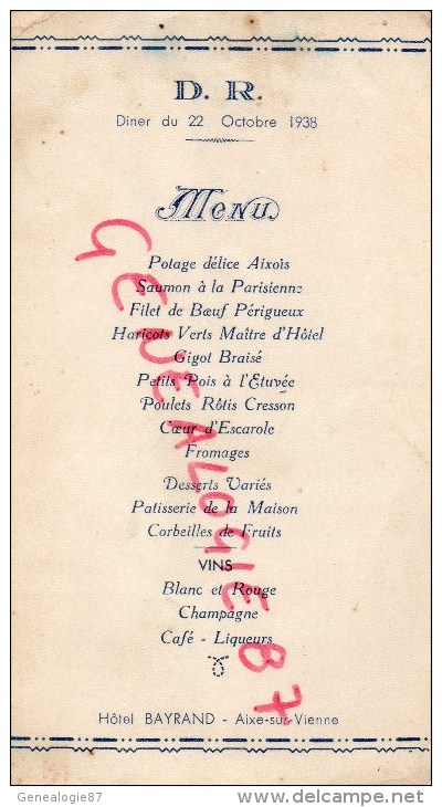 87 - AIXE SUR VIENNE - MENU HOTEL BAYRAND- DINER DU 22 OCTOBRE 1938 - Menükarten