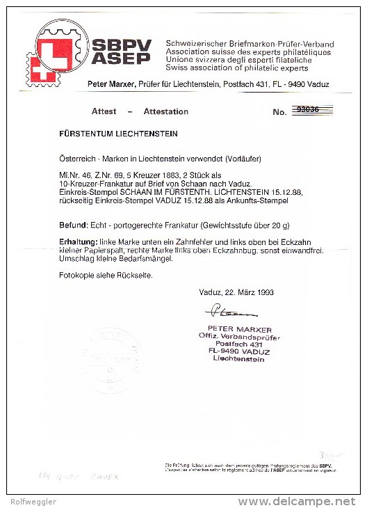 Vorläufer - Östterreich Mi#46 ZU#69 2x5 Kreuzer 1883 Auf Brief Von Schaan Nach Vaduz Mit Attest Marxer - ...-1912 Vorphilatelie