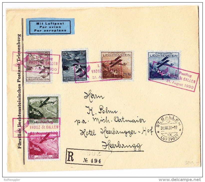 R-Luftpost Brief 31.8.30  1er Postflug Vaduz-St.Gallen Mit Zu# F1 - F6 - Poste Aérienne