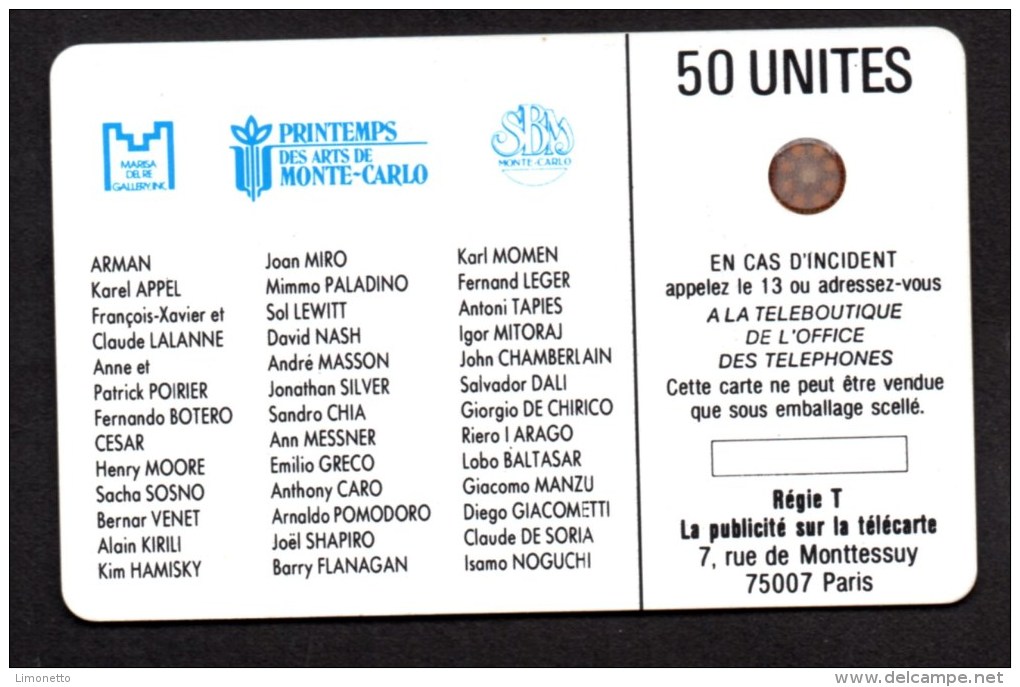 MONACO -1989-Telecarte  Privée - 50 Unités(pleine)- Biennale De La Sculpture  (tirage 1 000 )  Bon état - Monaco