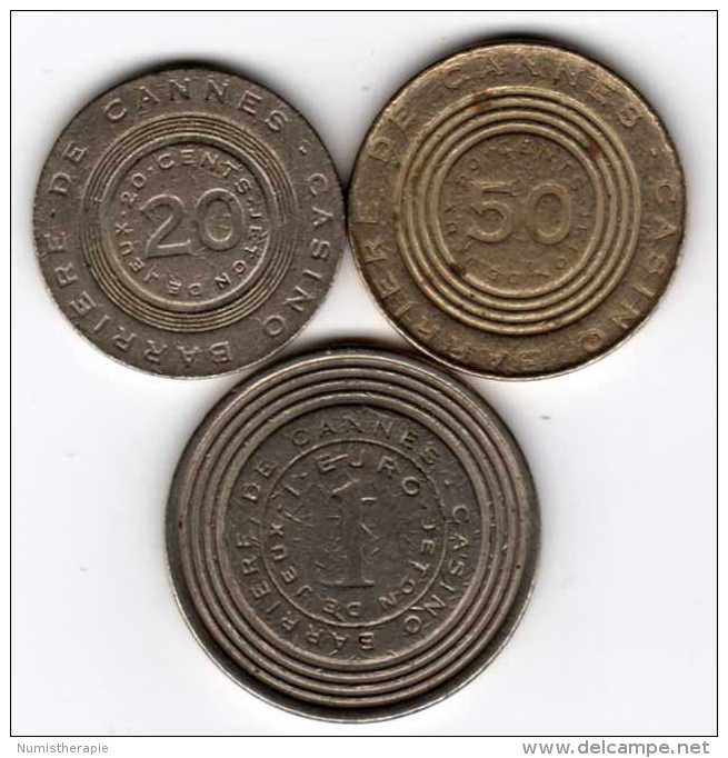 Lot De 3 Jetons De Machine à Sous : Casino Barrière De Cannes 20c + 50c + 1€ - Casino