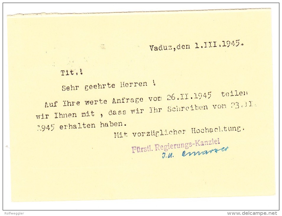 Mischfrankatur  FL + CH Dienstmarken Auf Dringlich R-Karte 1.3.45 Vaduz Nach Genf (Stempel 100Jahre Post Liechtenstein) - Service