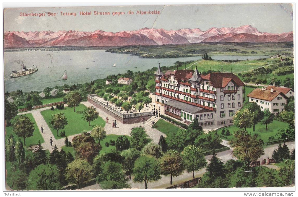 Starnberg Er See TUTZING Hotel Simson Gegen Die Alpenkette Color 25.8.1913 Gelaufen - Tutzing