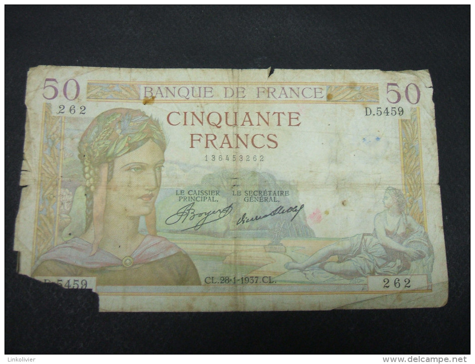 BILLET Banque De France 50F Francs CERES 28-1-1937 D5459 (n° 262) - 50 F 1934-1940 ''Cérès''