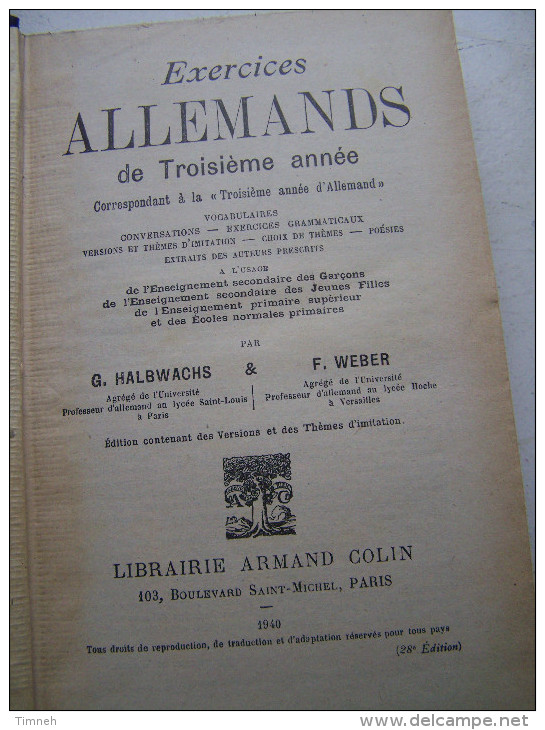 COURS D ALLEMAND EXERCICES DE 3e ANNEE HALBWACHS ET WEBER 1941 LIBRAIRIE ARMAND COLIN Allemand Gothique GOTISH - Livres Scolaires