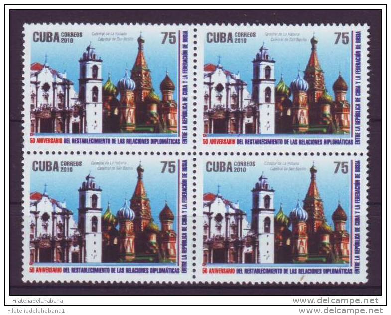 2010.76 CUBA 2010 MNH. 50 ANIV RESTABLECIMIENTO DE LAS RELACIONES CUBA - RUSIA. BLOQUE DE 4. RUSSIA FRIENDSHIP. - Neufs