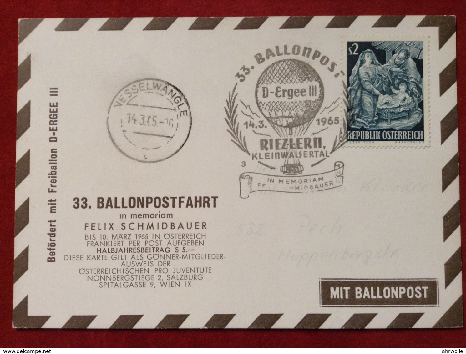 AK Österreich 33. Ballonpostfahrt 1965 Riezlern Kleinwalsertal Nesselwängle FreiballonD-Ergee III - Kleinwalsertal