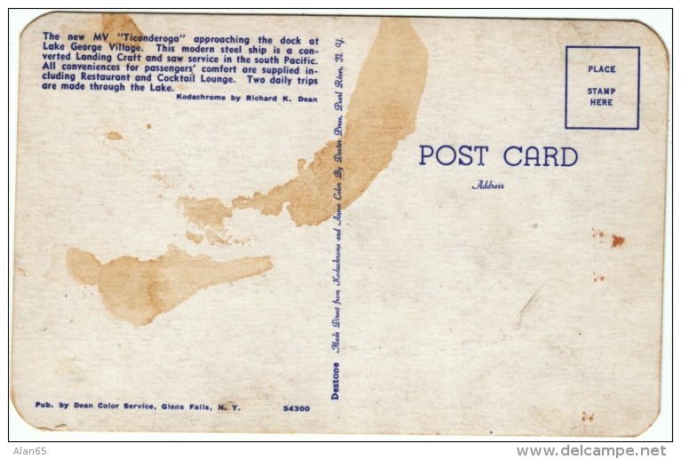 MV Ticondergoga Steam Ship Lake George Village New York, C1940s/50s Vintage Postcard - Dampfer