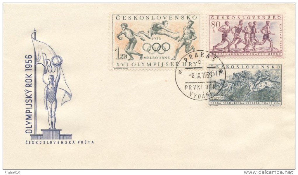 Czechoslovakia / First Day Cover (1956/10) Praha 3 (c): Great Pardubice Steeple Chase, Olympic Games Melbourne, Marathon - Ete 1956: Melbourne