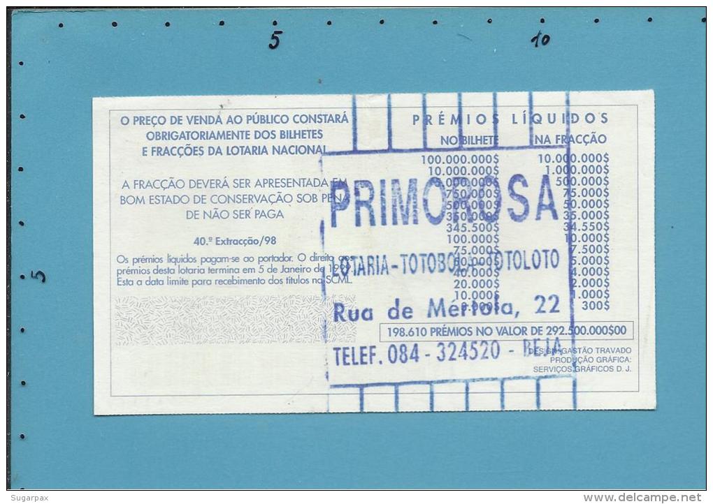 LOTARIA COM. 88.&ordm; ANIV. IMPLANT. REPÚBLICA - 40.&ordf; ORD. - 05.10.1998 - BANDEIRA - Portugal - 2 Scans E Descript - Billets De Loterie