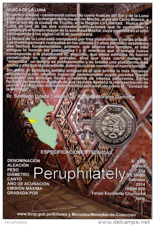 PERU 2014 , HUACA DE LA LUNA , 1 NUEVO SOL , COIN ON CARD , MINT - Perú