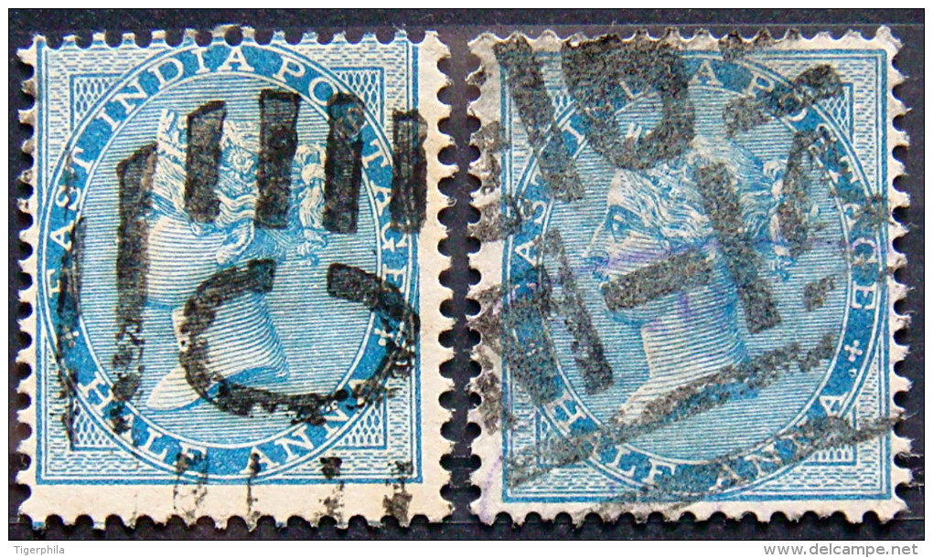 BRITISH INDIA 1865 1/2anna Queen Victoria Used 2 Stamps - 1858-79 Compagnie Des Indes & Gouvernement De La Reine