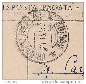 C.P. RISPOSTA PAGATA, QUADRIGA L.20, VIAGGIATA 1953, TIMBRO POSTE BARI TARGHETTA X GRIGNANO POLESINE ROVIGO - 1946-60: Storia Postale