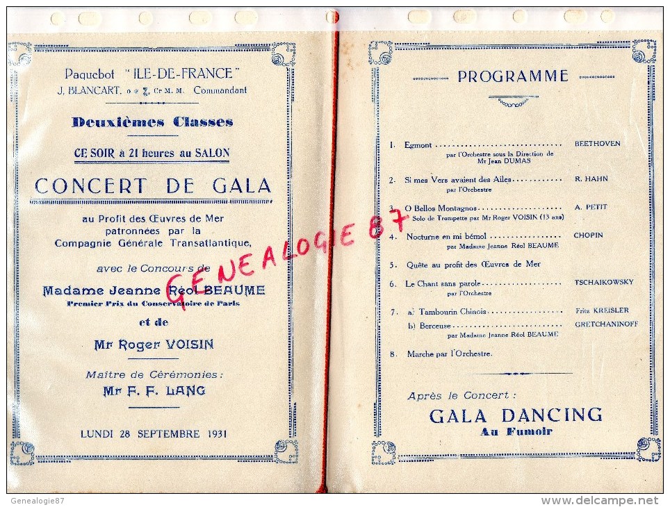 MENU CGT- PAQUEBOT TRANSATLANTIQUE " ILE DE FRANCE " 1931- BLANCART COMMANDANT- FETE BIENFAISANCE CHARITY FETE - Menus