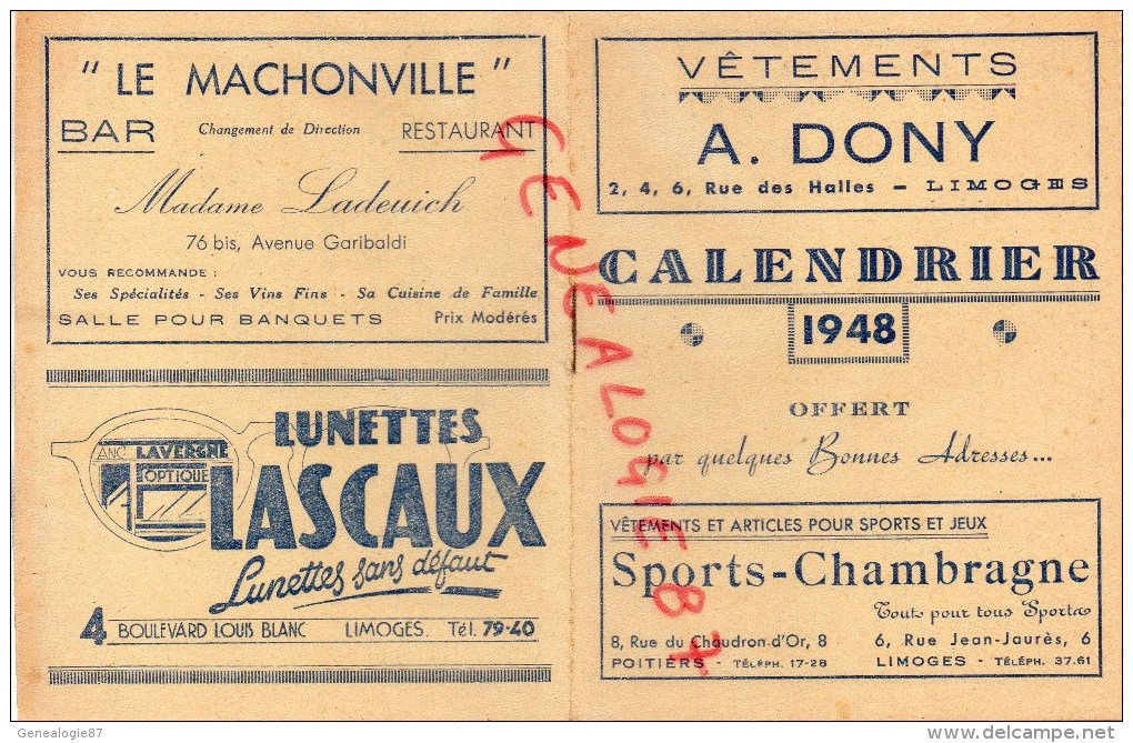 87 - LIMOGES - CALENDRIER 1948- OFFERT PAR COMMERCANTS- DONY- LASCAUX- BAR LE MALCHONVILLE- LADEUICH- GUITARD-DARTOUT- - Klein Formaat: 1941-60