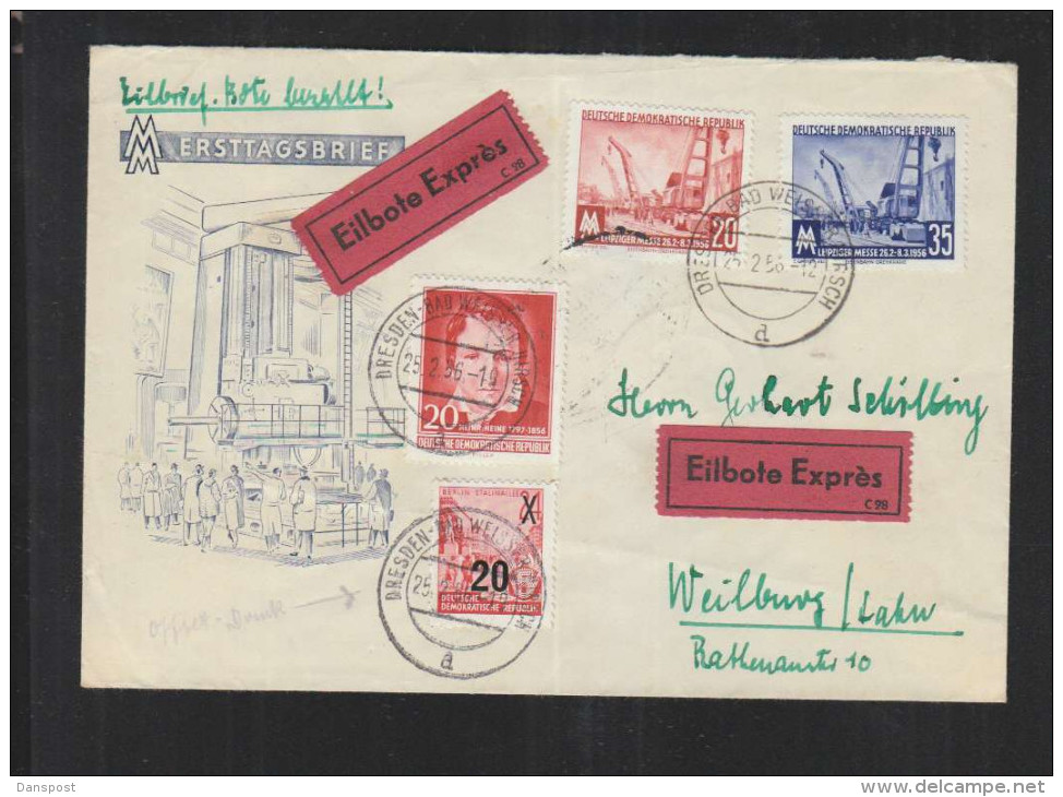 DDR FDC MiNr. 518-19 Leipziger Messe MiF Mit Eilbote Express 25.2.56 Nach Weilburg - Storia Postale