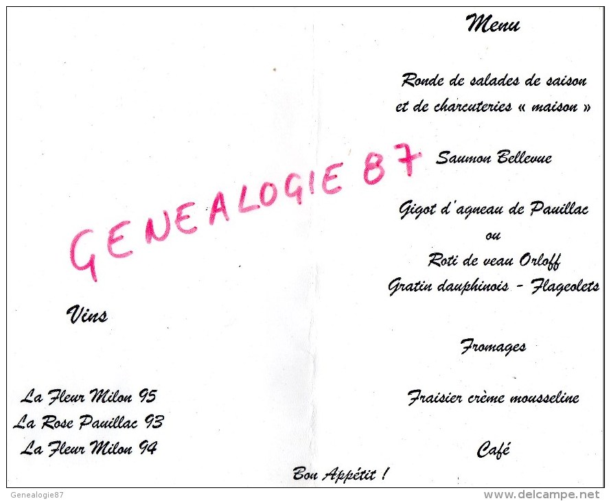 33 - PAUILLAC - MENU CHATEAU LA FLEUR MILON- XXE ANNIVERSAIRE DU PORT DE PLAISANCE- GOELETTE BELLE POULE-ESCADRON MEDOC - Menú