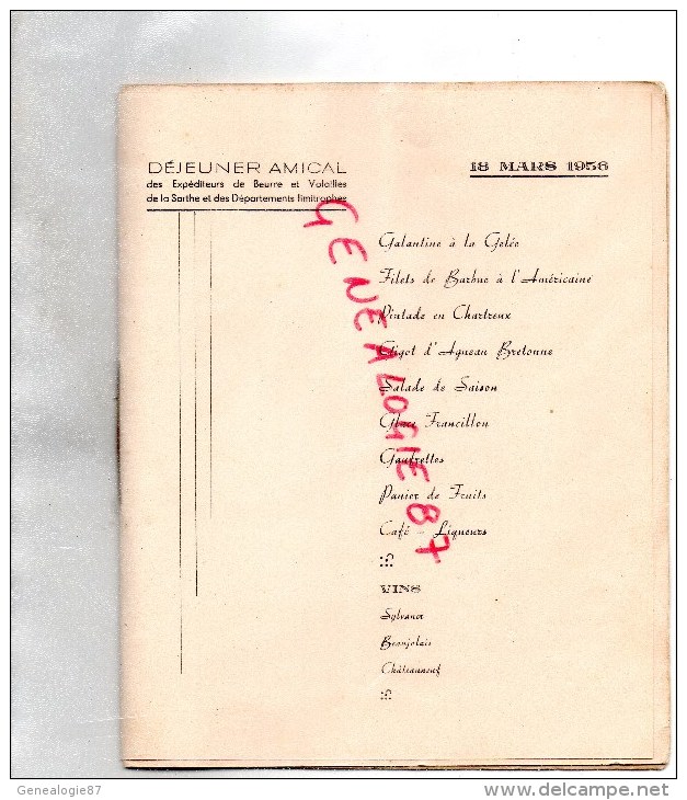 72 - MENU DEJEUNER AMICAL EXPEDITEURS BEURRE ET VOLAILLES DE LA SARTHE - 18 MARS 1956- AU MOYEN AGE RENAUDIN - Menus