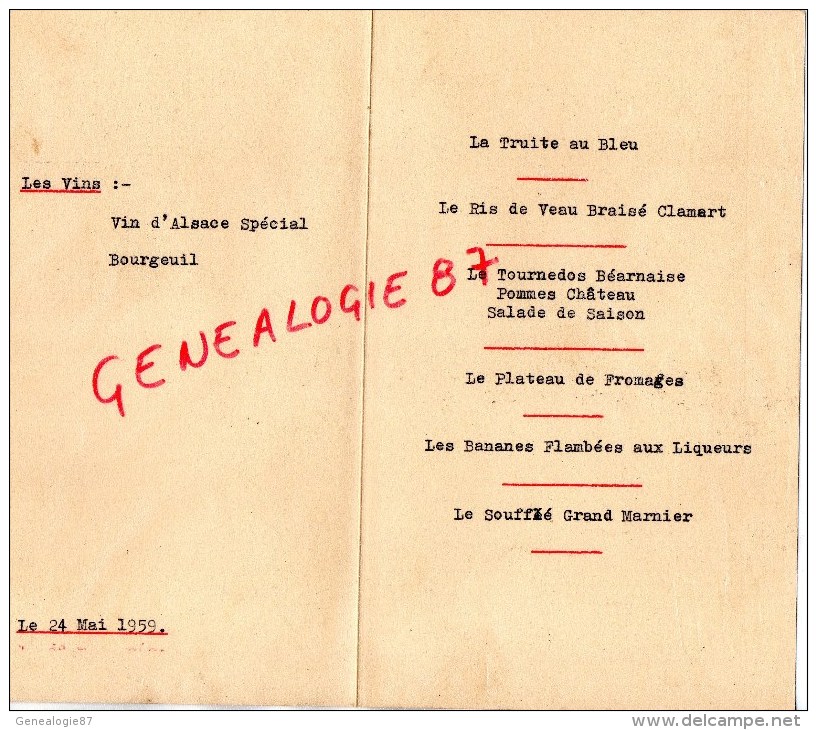 72 - TORCE EN VALLEE - MENU AUBERGE DES MOUSQUETAIRES - CHAINE DES ROTISSEURS- 24 MAI 1959 - Menükarten