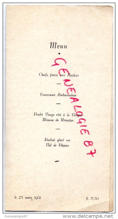 PAYS BAS- AMSTERDAM- BEAU MENU A L' AMERICAN HOTEL - PASEN 1951  25 MARS - Menus