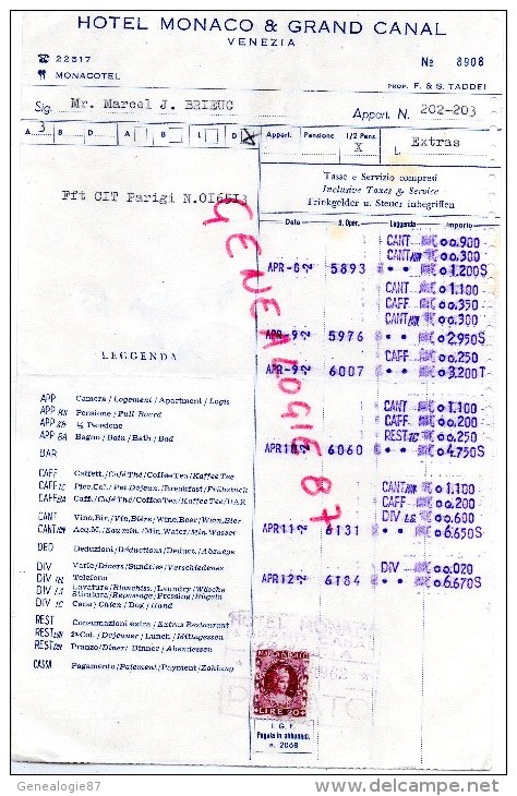 ITALIE - VENISE - HOTEL MONACO & GRAND CANAL- VENEZIA - 1962  TIMBRE MARCA DA BOLLO 20 LIRE - Menus