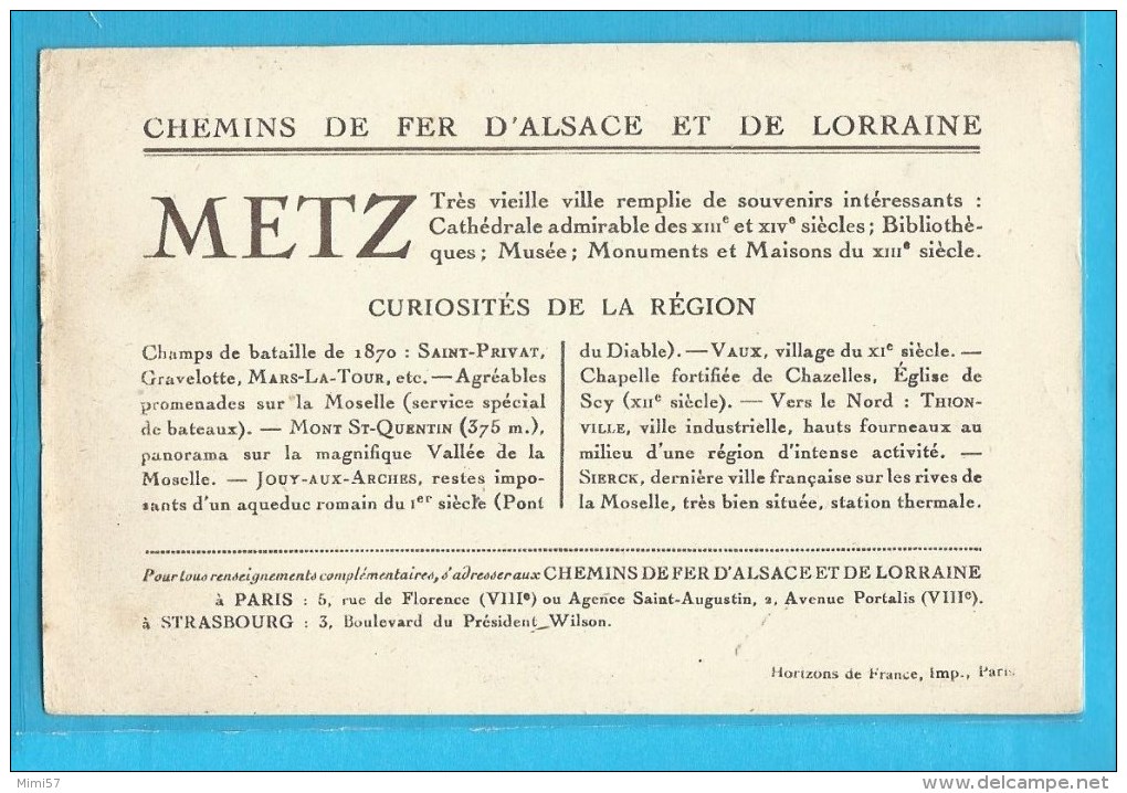 Pub. Metz Chemin De Fer Alsace Et Lorraine Sur Format Carte Postale De Metz - Chemin De Fer