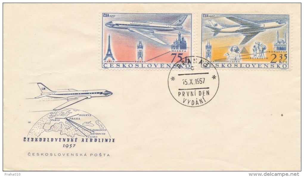Czechoslovakia / First Day Cover (1957/15) Praha 3 (c): Czechoslovak Airlines (CSA) - Cairo (Great Sphinx Of Giza) - Egiptología