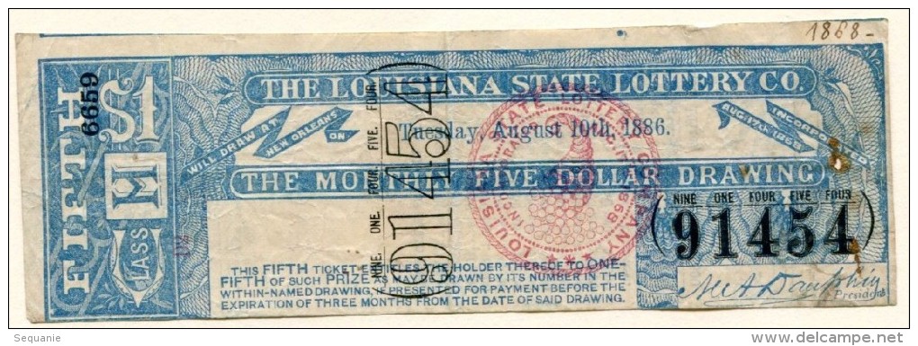 Billet De Loterie USA THE LOUISIANA 5 Dollar 1886 - Collections