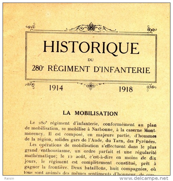 Historique Du 280e Régiment D'Infanterie Narbonne  Campagne 1914-1918  TBE - Guerre 1914-18