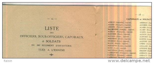 Historique Du 280e Régiment D'Infanterie Narbonne  Campagne 1914-1918  TBE - Guerre 1914-18