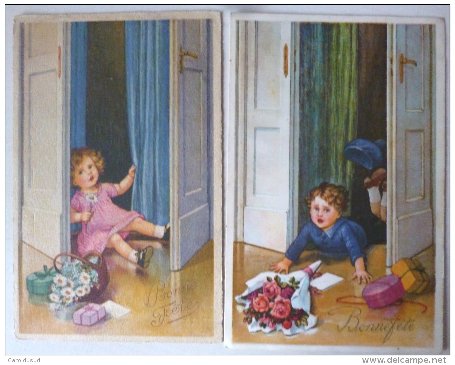 CPA Lot 2x LITHO Illustrateur Fialkowska ? CHARME 826 /825 ENFANT Chute Devant Porte Avec Fleur Bouquet - Fialkowska, Wally