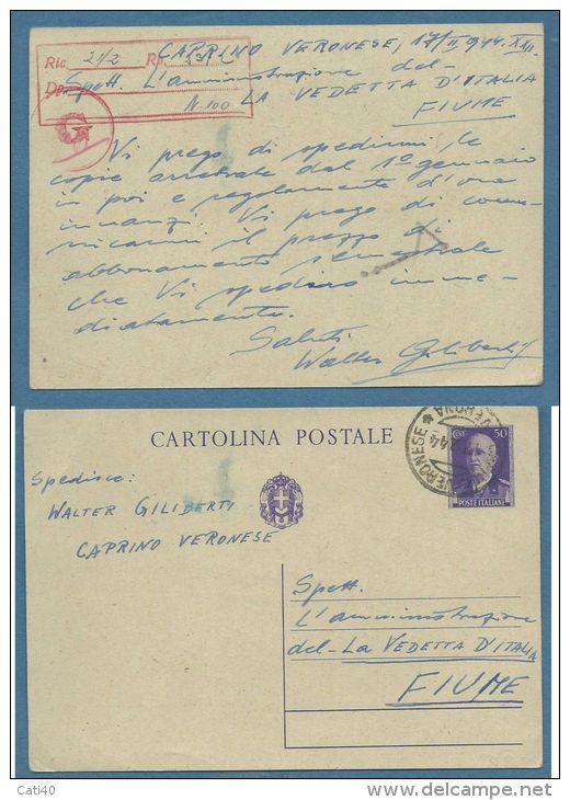 1944  INTERO POSTALE IMPERO 50 C.(C.95) DA CAPRINO VERONESE A FIUME  IN R.S.I. - Unclassified