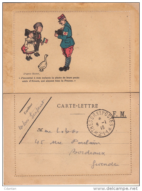 GUERRE 14 / 18 - Carte Lettre FM Avec Dessin D´après HENSI - Cad " Trésor Et Poste * 211 * - Facteur - - Lettres & Documents