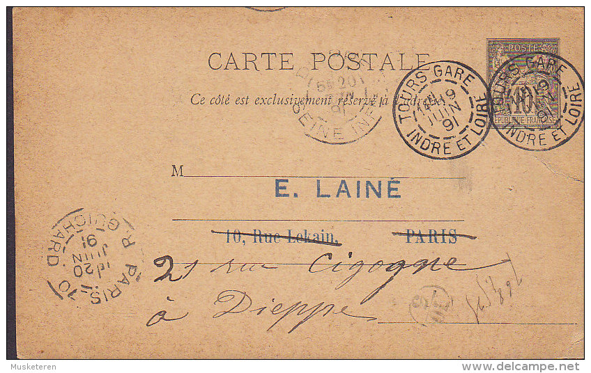 France Postal Stationery Ganzsache Entier Sage Libraire SUPPLIGEON, TOURS GARE 1891 To PARIS R. Guichard (2 Scans) - Standard- Und TSC-AK (vor 1995)