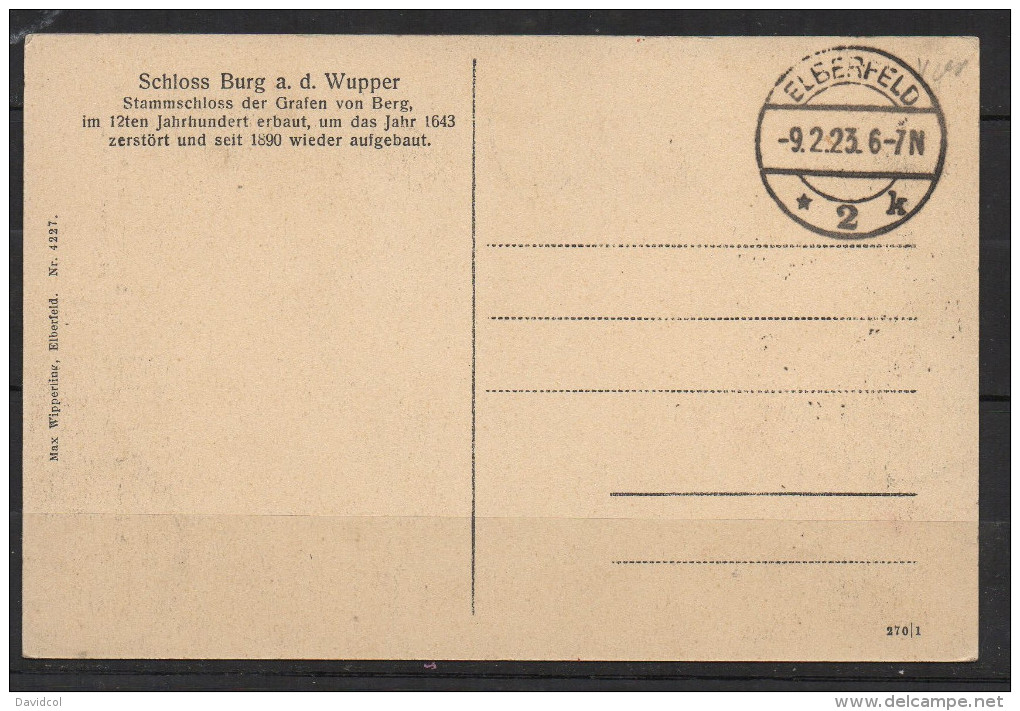 S265.-.GERMANY REICH  - CARD.-. ELBERFELD 9-2-23 - Briefe U. Dokumente