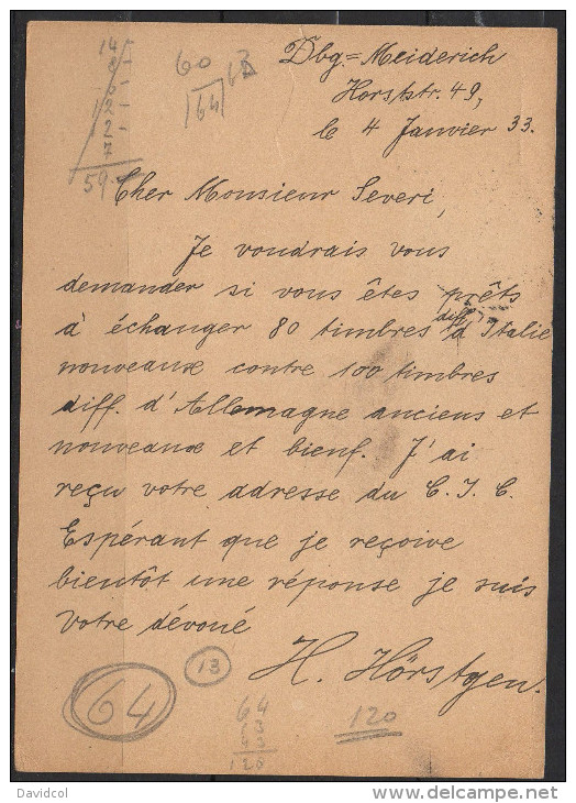 S267.-.GERMANY REICH  - CARD.-. 4-1-33 TO VERONA - ITALY , ARRIVAL CACHET ON BACK - Lettres & Documents