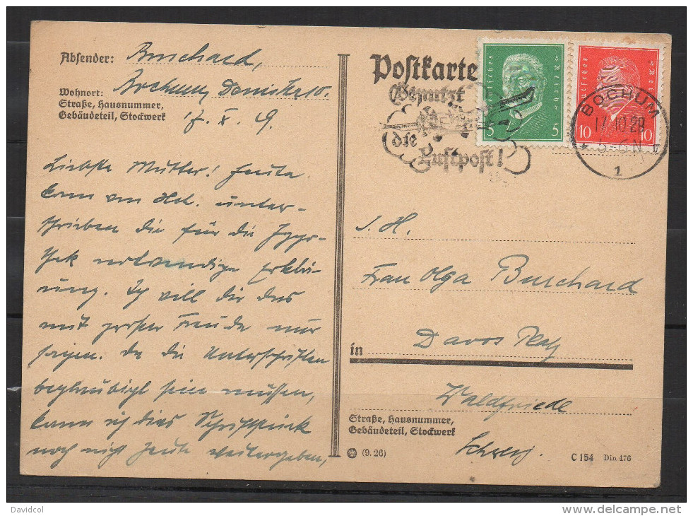 S308.-.GERMANY REICH  - CARD.-BOCHUM 17-10-29. - Briefe U. Dokumente