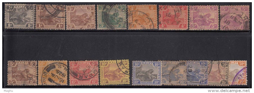 1922 Used, 17 Diff., Multi Script CA, Tiger Motif, Federated Malay State, Malaya - Federated Malay States