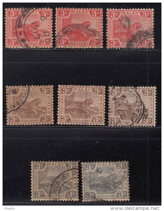 3c Tiger, 8 Diff.,  Tiger Motif, Federated Malay State, Malaya As Scan - Federated Malay States