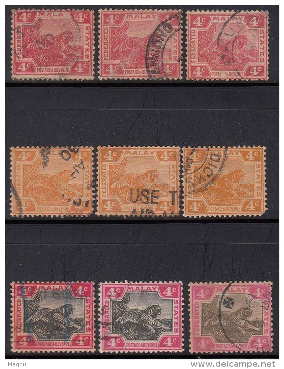 4c Tiger, 9 Diff.,  Tiger Motif, Federated Malay State, Malaya As Scan - Federated Malay States