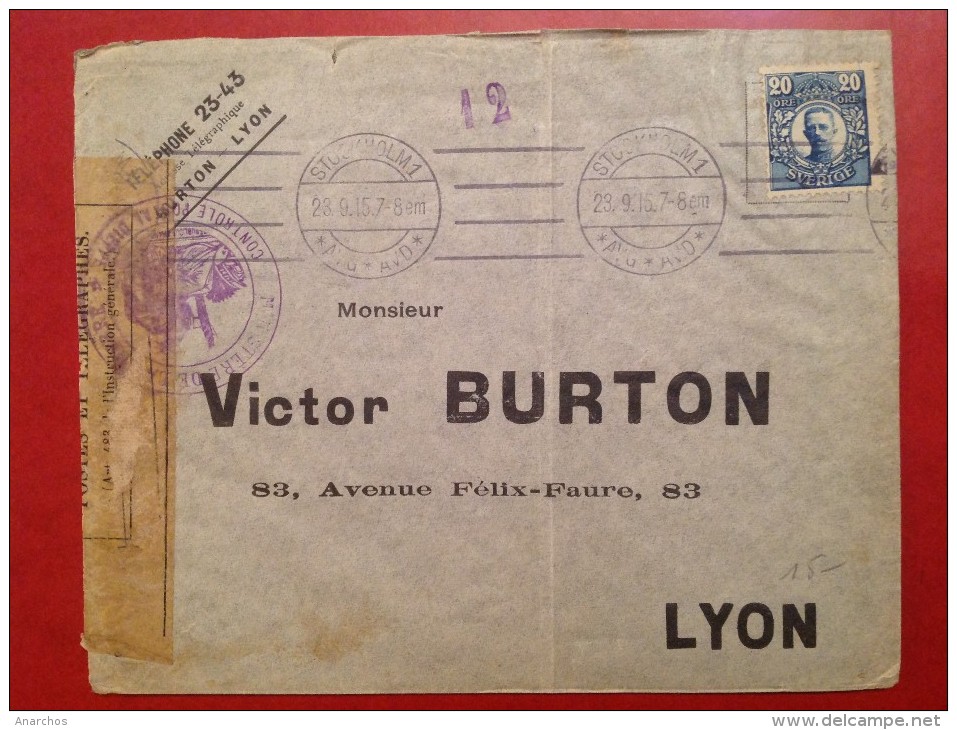 Lettre SUEDE Stockholm Pour LYON Censure Du Controle Postal De DIEPPE - 1910-1920 Gustaf V