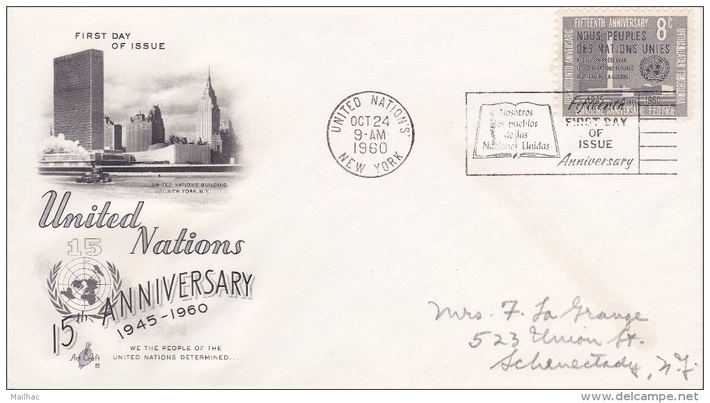 FDC - ONU - 24 Oct 1960 - 15th Anniversary - Lettres & Documents
