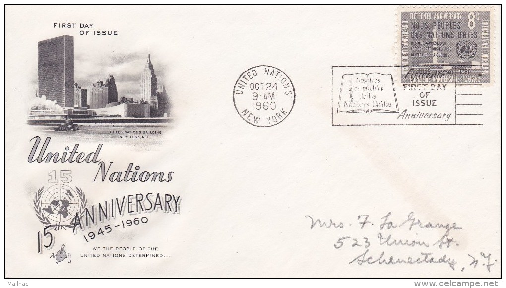 FDC - ONU - 24 Oct 1960 - 15th Anniversary - Cartas & Documentos