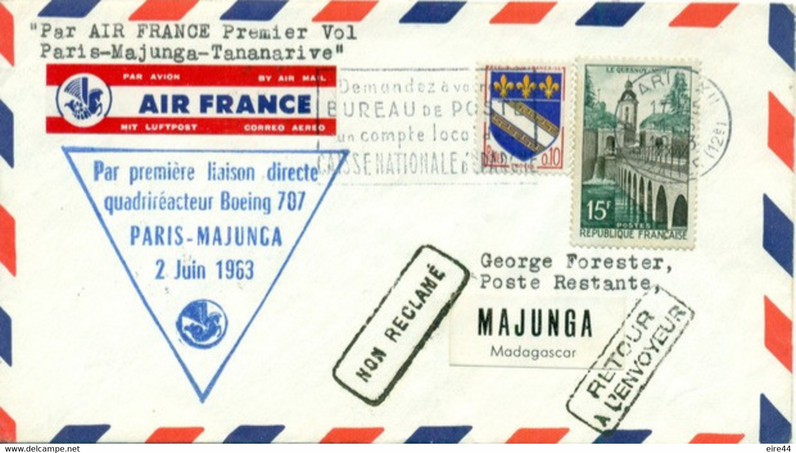 France 1963 FFC First Flight Cover Paris - Madagascar - Primeros Vuelos