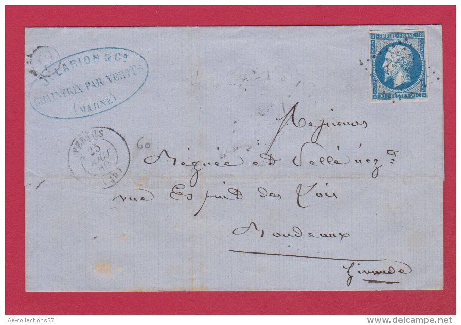 Lettre De Chantrix Par Vertus  //  Pour Bordeaux   //    25 Aout 1860  //  Boite Rurale Q - 1849-1876: Période Classique