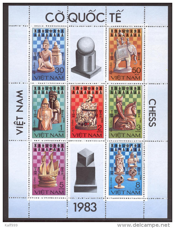 ~~~ Vietnam 1983 - Echec Schach Checkers Schaken Block  - Mi. 1335/1341  ** MNH -  Kleinbogen ~~~ - Vietnam