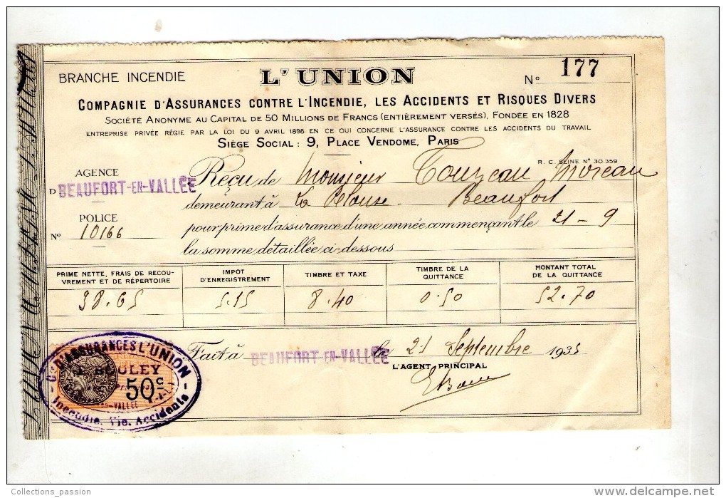 Reçu , L'UNION , 9 Place Vendome , Paris , Agence De Beaufort En Vallée , Maine & Loire , 1935 ,  Frais Fr : 1.80€ - Auto's