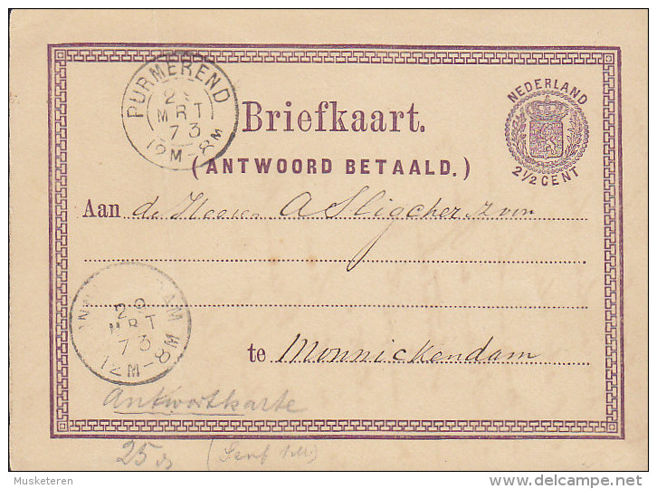 Netherlands Postal Stationery Ganzsache Entier (Antwoord Betaald) PURMEREND 1873 To MONNICKENDAM (2 Scans) (2 Scans) - Postal Stationery