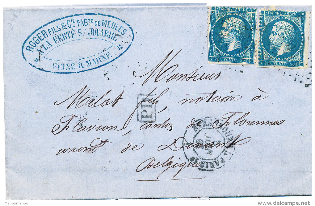 749/22 - Lettre TP France Ambulant Strasbourg à Paris 1863 Vers ANTHEE Belgique - Verso France Par Ambt MIDI 2 - Transit Offices